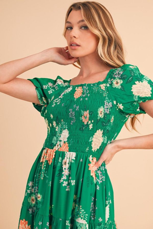 Women Green Floral Print Bubble Sleeve Smocked Tiered Midi Dress | Midi Dresses - Image 5