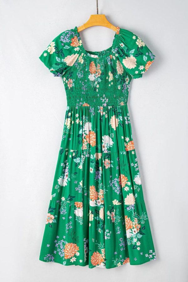 Women Green Floral Print Bubble Sleeve Smocked Tiered Midi Dress | Midi Dresses - Image 6