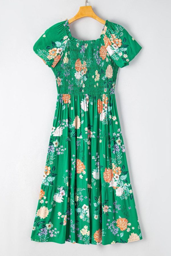 Women Green Floral Print Bubble Sleeve Smocked Tiered Midi Dress | Midi Dresses - Image 7