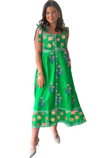 Women Green Floral Print Contrast Trim Knotted Straps Midi Dress | Midi Dresses