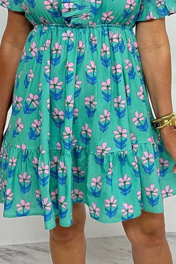 Women Green Floral Print Frilly Smocked High Waist Mini Dress | Short Dresses