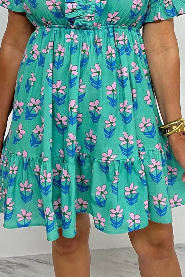 Women Green Floral Print Frilly Smocked High Waist Mini Dress | Short Dresses