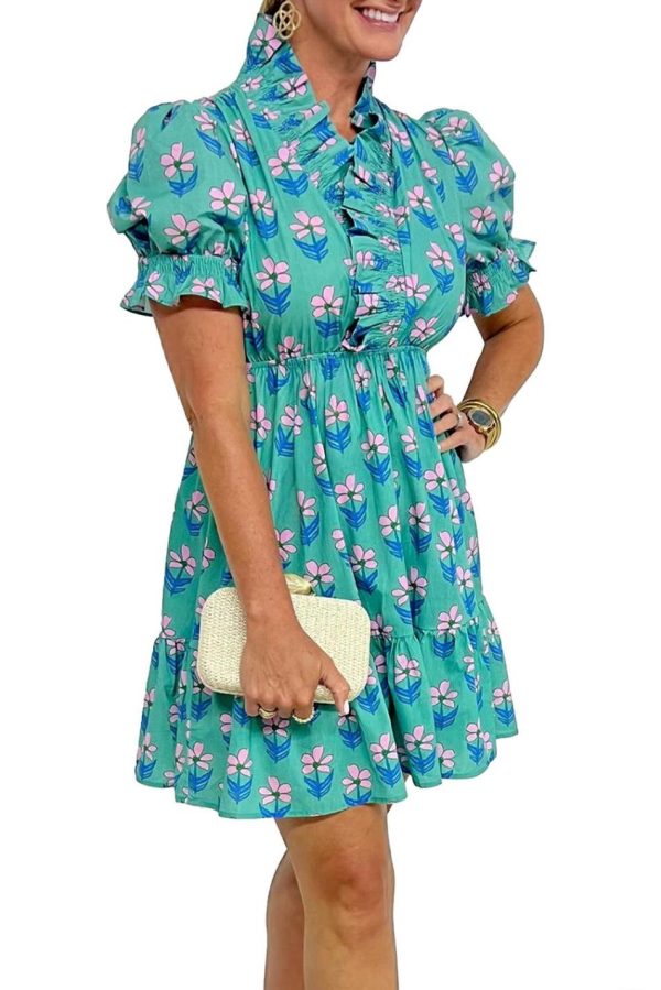 Women Green Floral Print Frilly Smocked High Waist Mini Dress | Short Dresses - Image 2