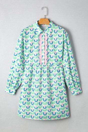 Women Green Floral Print Scallop Trim Pocket Mini Dress | Short Dresses