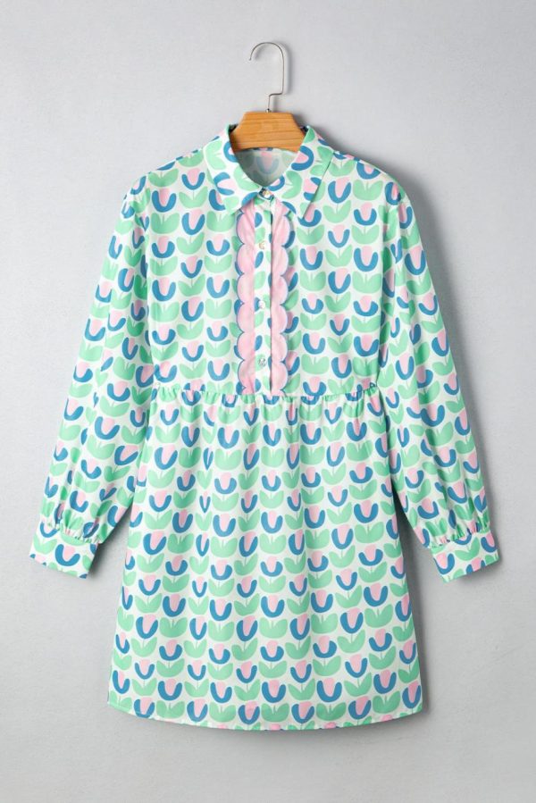 Women Green Floral Print Scallop Trim Pocket Mini Dress | Short Dresses