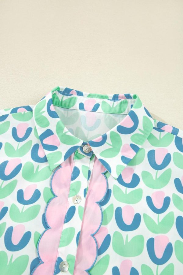 Women Green Floral Print Scallop Trim Pocket Mini Dress | Short Dresses - Image 3