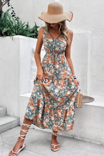 Women Green Floral Print Trimmed V Neck Sleeveless Vacation Dress | Midi Dresses