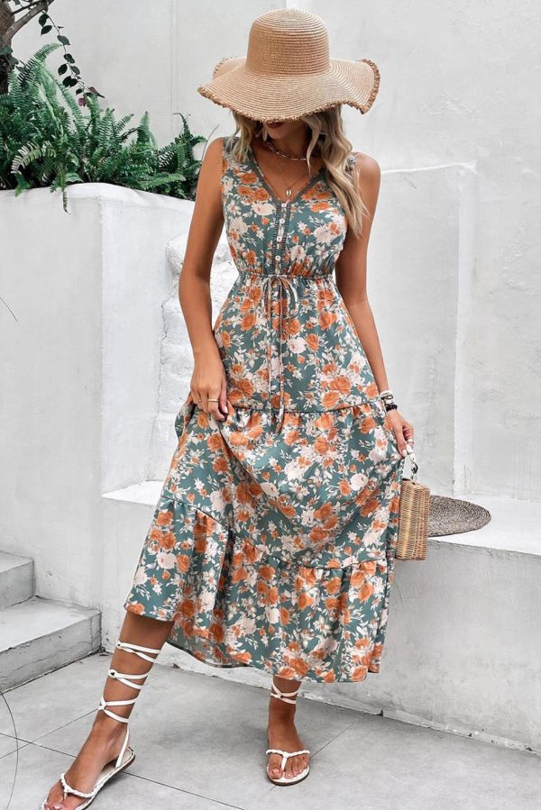 Women Green Floral Print Trimmed V Neck Sleeveless Vacation Dress | Midi Dresses