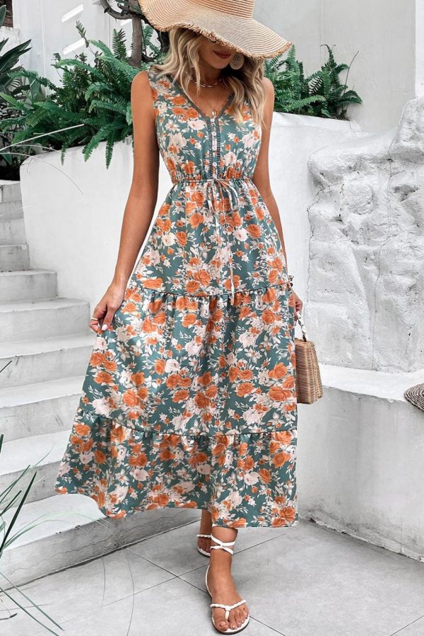 Women Green Floral Print Trimmed V Neck Sleeveless Vacation Dress | Midi Dresses - Image 3