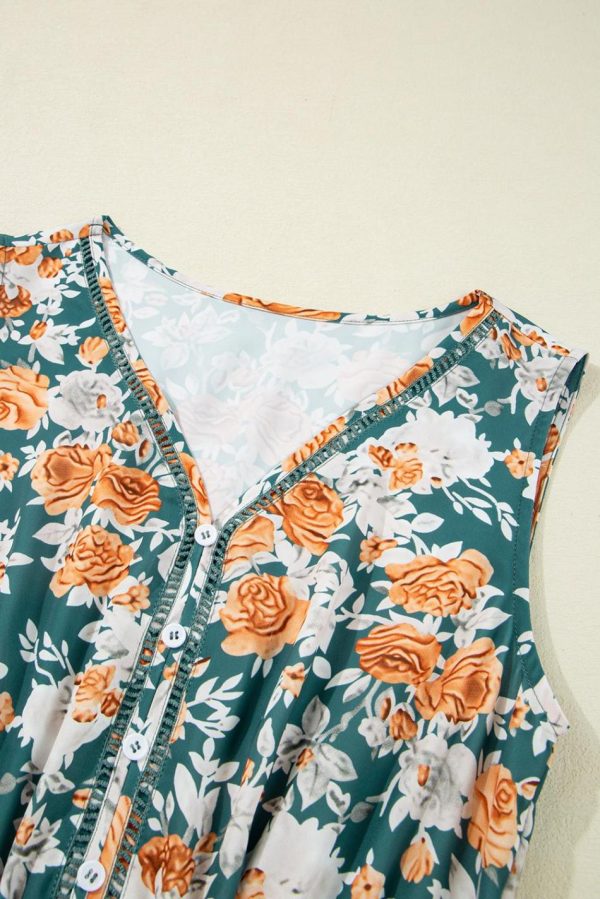 Women Green Floral Print Trimmed V Neck Sleeveless Vacation Dress | Midi Dresses - Image 4