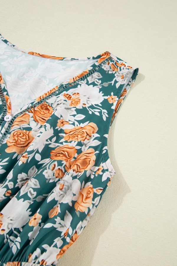 Women Green Floral Print Trimmed V Neck Sleeveless Vacation Dress | Midi Dresses - Image 5