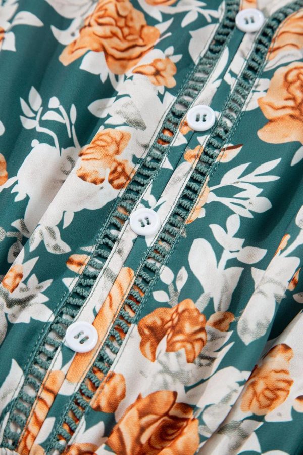 Women Green Floral Print Trimmed V Neck Sleeveless Vacation Dress | Midi Dresses - Image 6