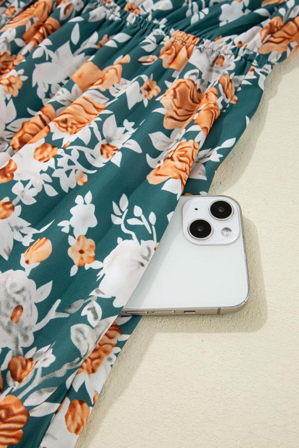 Women Green Floral Print Trimmed V Neck Sleeveless Vacation Dress | Midi Dresses - Image 7