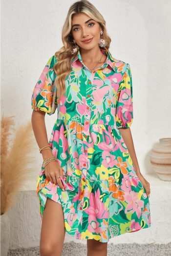 Women Green Floral Puff Sleeve Buttoned Babydoll Dress | Short Dresses