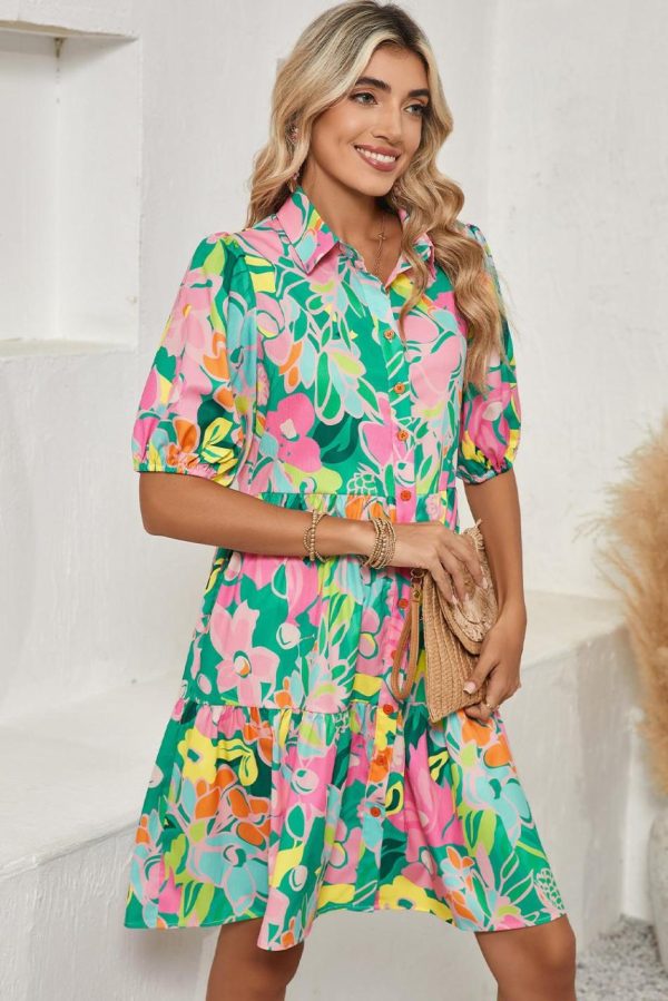 Women Green Floral Puff Sleeve Buttoned Babydoll Dress | Short Dresses - Image 2