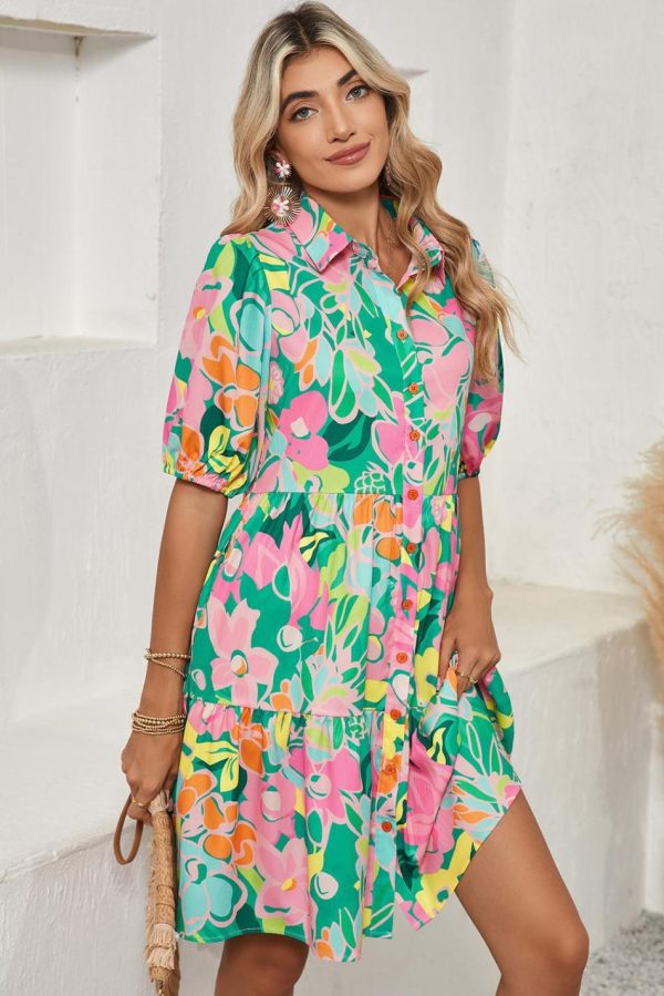 Women Green Floral Puff Sleeve Buttoned Babydoll Dress | Short Dresses - Image 3