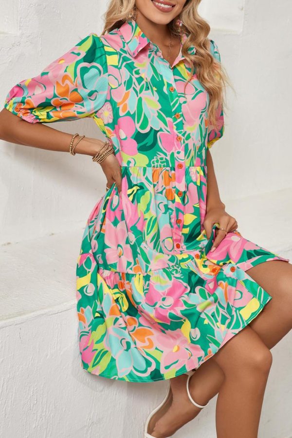 Women Green Floral Puff Sleeve Buttoned Babydoll Dress | Short Dresses - Image 5