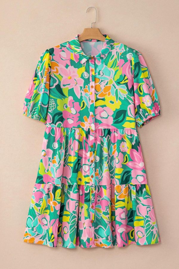 Women Green Floral Puff Sleeve Buttoned Babydoll Dress | Short Dresses - Image 6
