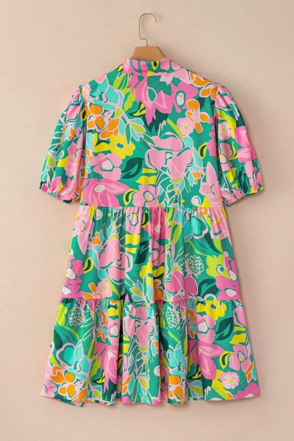 Women Green Floral Puff Sleeve Buttoned Babydoll Dress | Short Dresses - Image 7