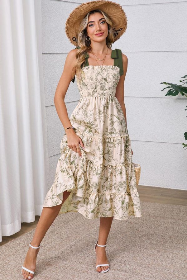 Women Green Floral Smocked High Waist Tiered Midi Dress | Midi Dresses - Image 3