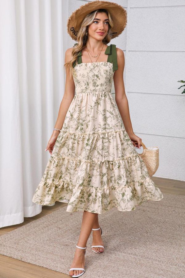 Women Green Floral Smocked High Waist Tiered Midi Dress | Midi Dresses - Image 4