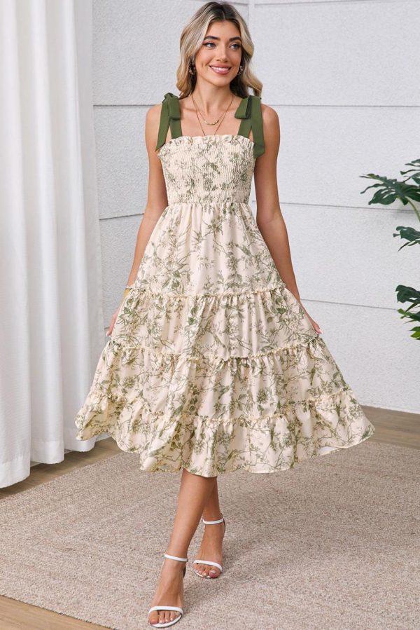 Women Green Floral Smocked High Waist Tiered Midi Dress | Midi Dresses - Image 5
