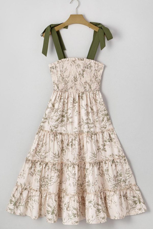 Women Green Floral Smocked High Waist Tiered Midi Dress | Midi Dresses - Image 7