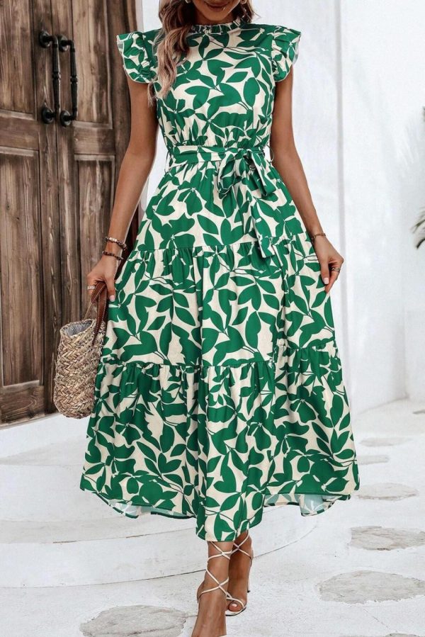 Women Green Leaf Print Ruffle Mock Neck High Waist Sleeveless Dress | Midi Dresses