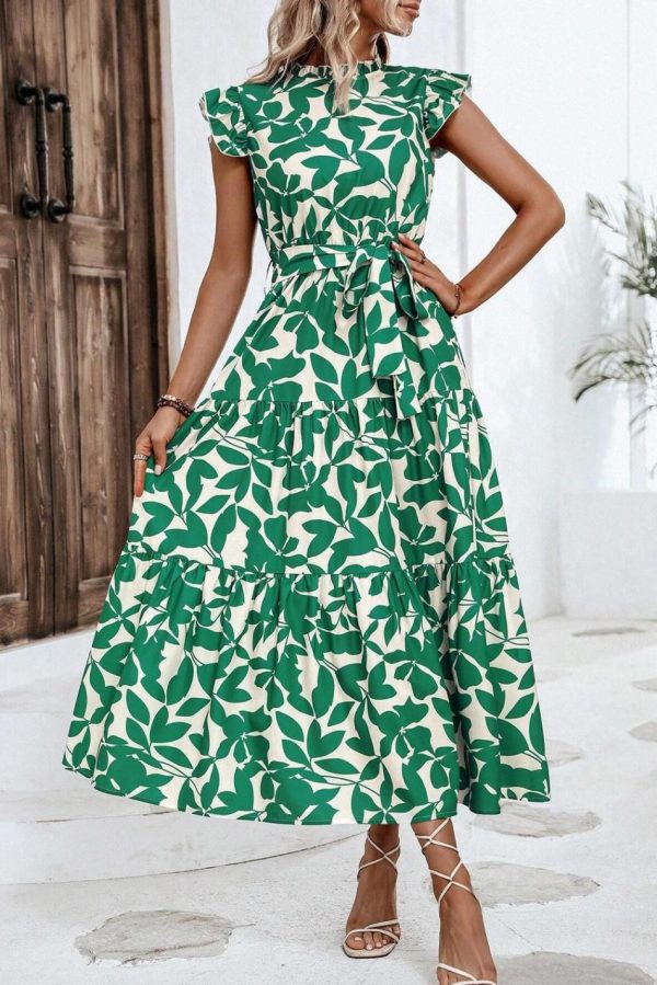 Women Green Leaf Print Ruffle Mock Neck High Waist Sleeveless Dress | Midi Dresses - Image 2