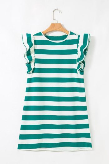 Women Green Stripe Flutter Sleeve Round Neck Shift Mini Dress | Short Dresses