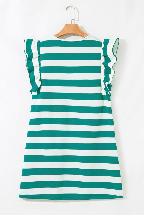 Women Green Stripe Flutter Sleeve Round Neck Shift Mini Dress | Short Dresses - Image 2