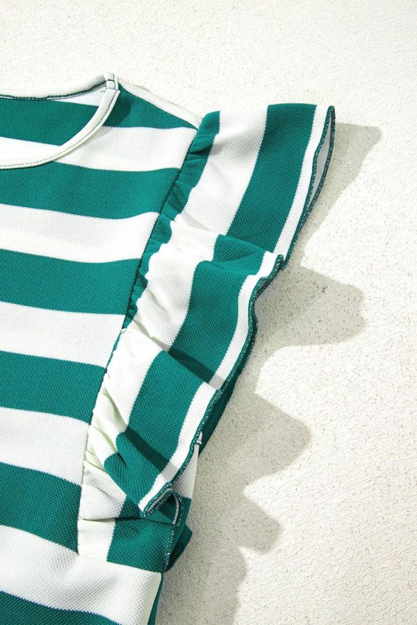 Women Green Stripe Flutter Sleeve Round Neck Shift Mini Dress | Short Dresses - Image 4