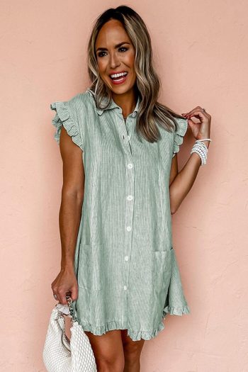 Women Green Stripe Frill Trim Pocket Button Up Mini Dress | Short Dresses