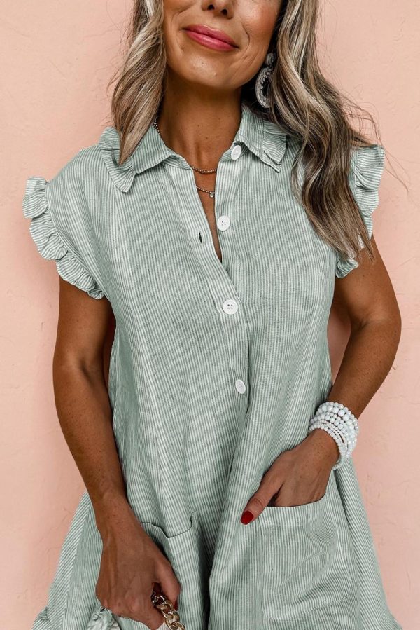 Women Green Stripe Frill Trim Pocket Button Up Mini Dress | Short Dresses - Image 4