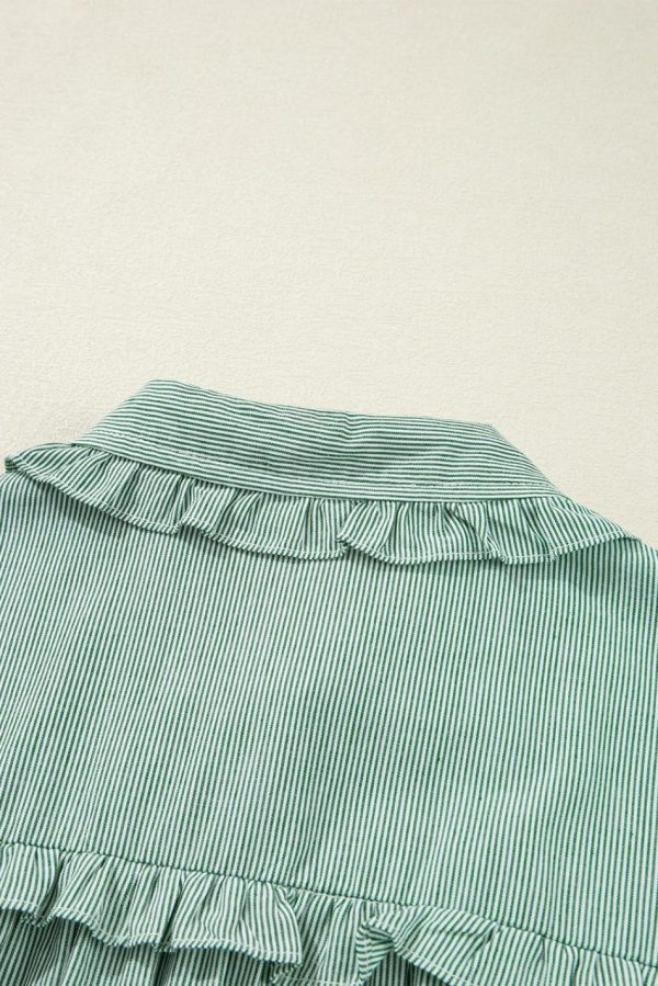 Women Green Stripe Frill Trim Pocket Button Up Mini Dress | Short Dresses - Image 6