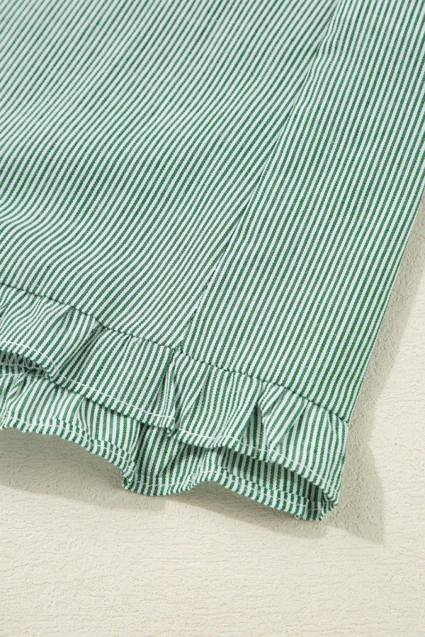 Women Green Stripe Frill Trim Pocket Button Up Mini Dress | Short Dresses - Image 7
