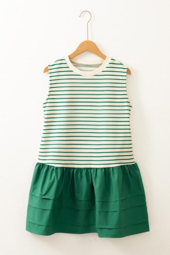 Women Green Stripe Woven Ruffled Sleeveless Mini Dress | Short Dresses