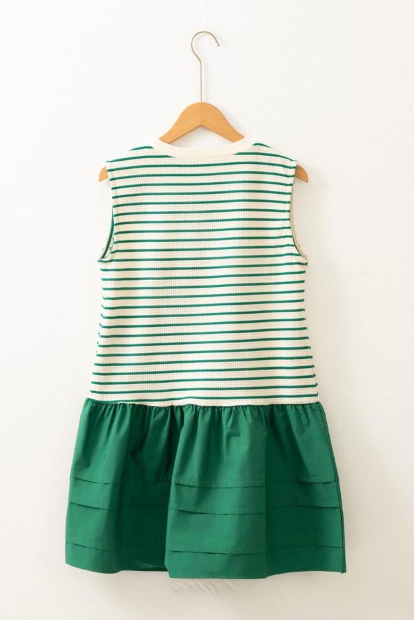 Women Green Stripe Woven Ruffled Sleeveless Mini Dress | Short Dresses - Image 2