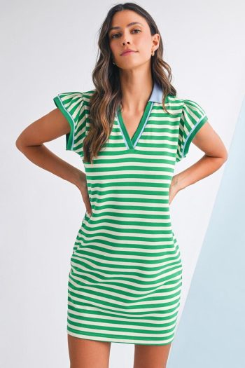 Women Green Striped Ruffle Short Sleeve Pop Of Color Neckline Dress | Short Dresses