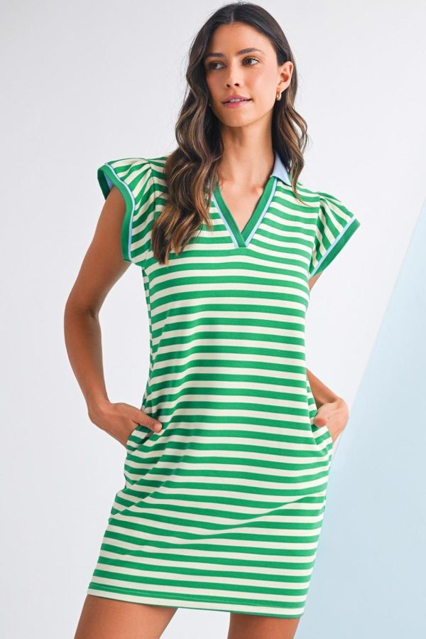 Women Green Striped Ruffle Short Sleeve Pop Of Color Neckline Dress | Short Dresses - Image 2