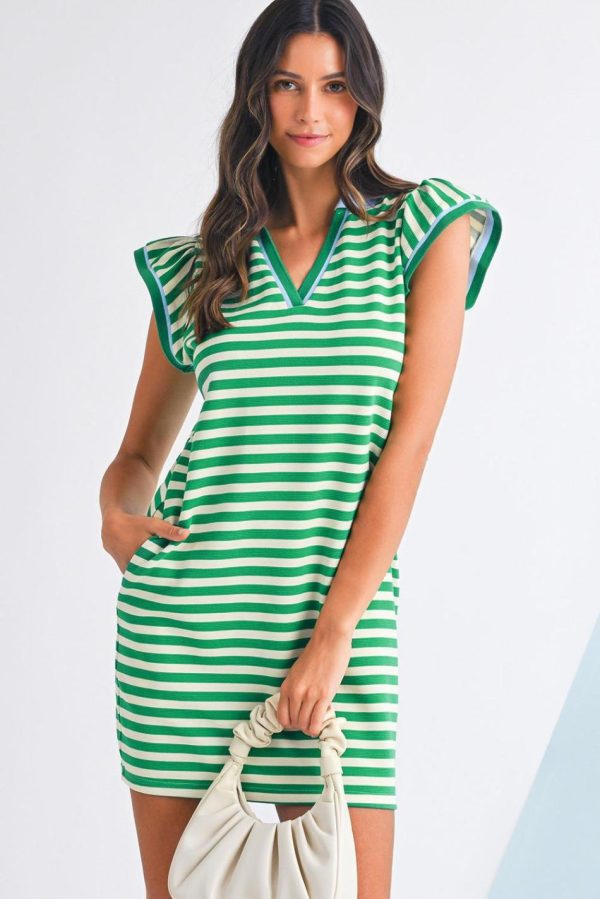 Women Green Striped Ruffle Short Sleeve Pop Of Color Neckline Dress | Short Dresses - Image 3
