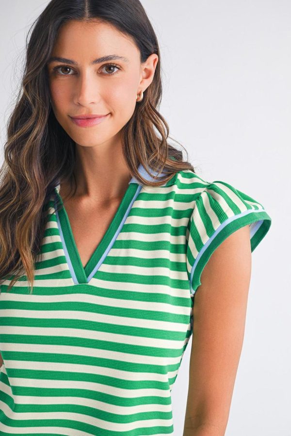 Women Green Striped Ruffle Short Sleeve Pop Of Color Neckline Dress | Short Dresses - Image 4