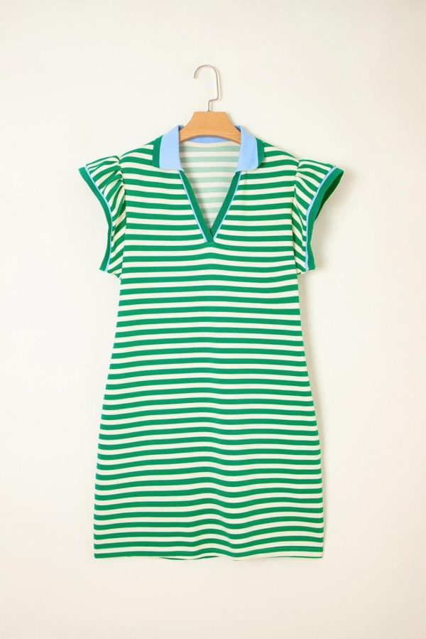Women Green Striped Ruffle Short Sleeve Pop Of Color Neckline Dress | Short Dresses - Image 5