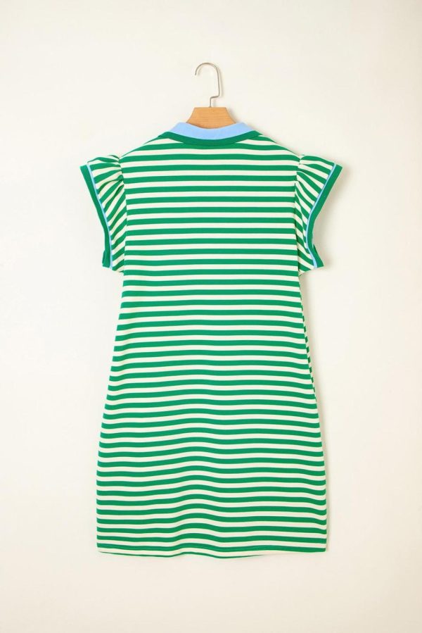 Women Green Striped Ruffle Short Sleeve Pop Of Color Neckline Dress | Short Dresses - Image 6