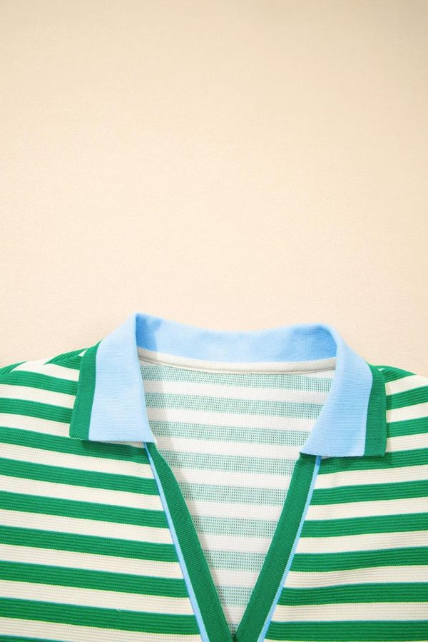 Women Green Striped Ruffle Short Sleeve Pop Of Color Neckline Dress | Short Dresses - Image 7