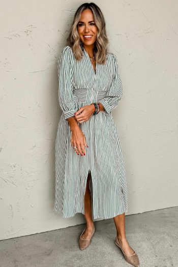 Women Green Striped V Neck Zip Front Cinched High Waist Midi Dress | Midi Dresses