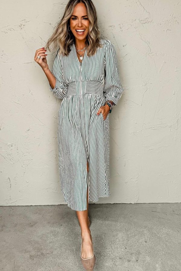 Women Green Striped V Neck Zip Front Cinched High Waist Midi Dress | Midi Dresses - Image 2