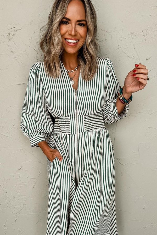 Women Green Striped V Neck Zip Front Cinched High Waist Midi Dress | Midi Dresses - Image 3