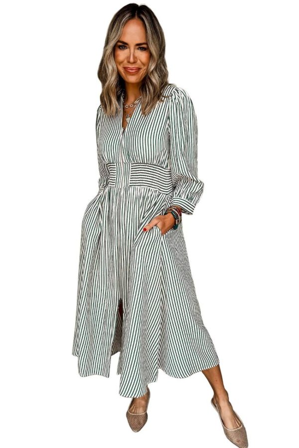 Women Green Striped V Neck Zip Front Cinched High Waist Midi Dress | Midi Dresses - Image 5