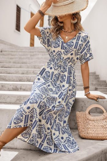Women Ivy Abstract Print Bohemian V Neck Midi Dress | Midi Dresses